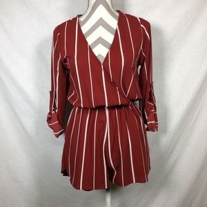 Iris Basic Burgundy Cream Striped Romper NWT